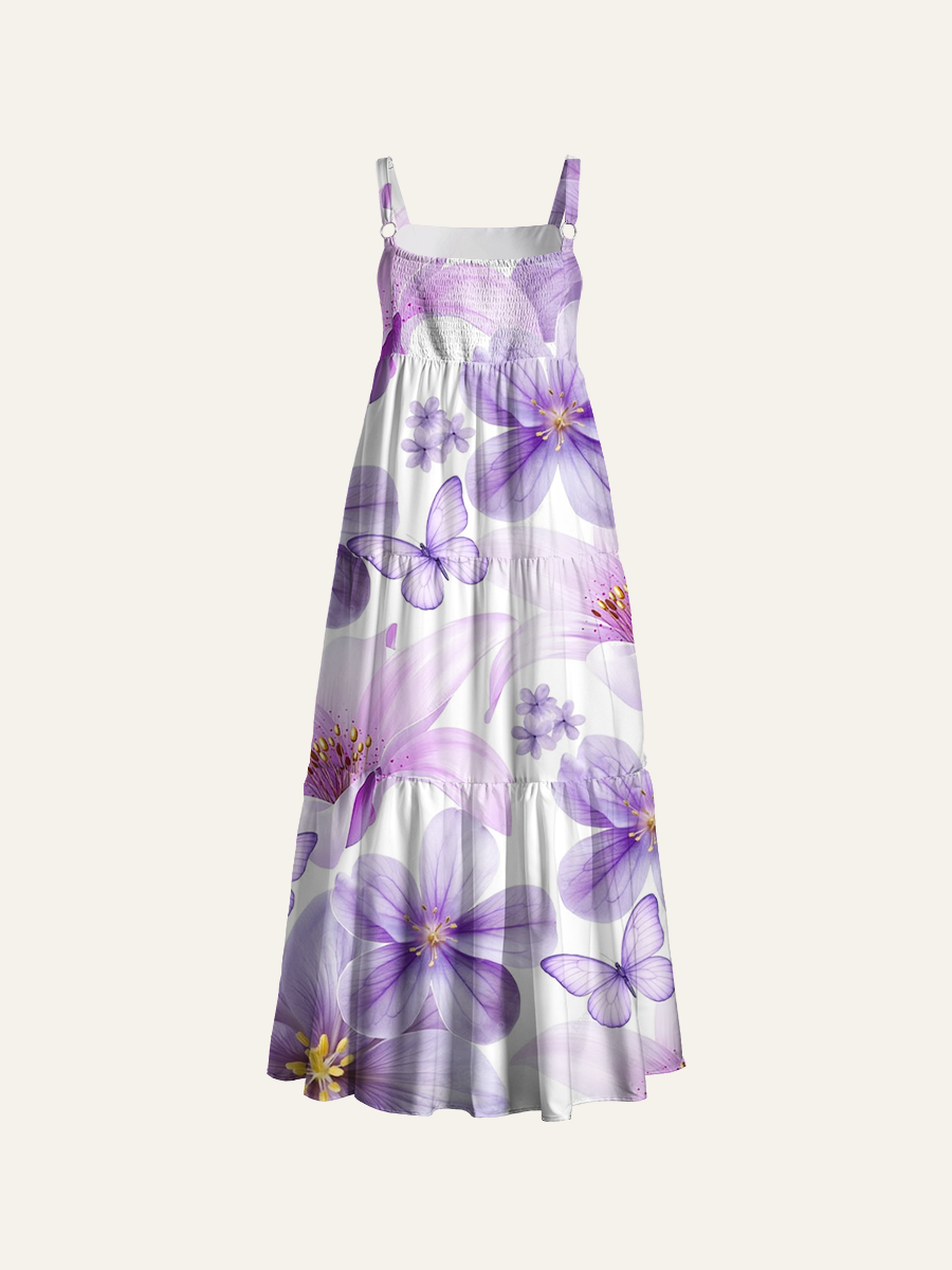 Watercolor Purple Lily & Butterfly Adjustable Wide Straps Maxi Dress