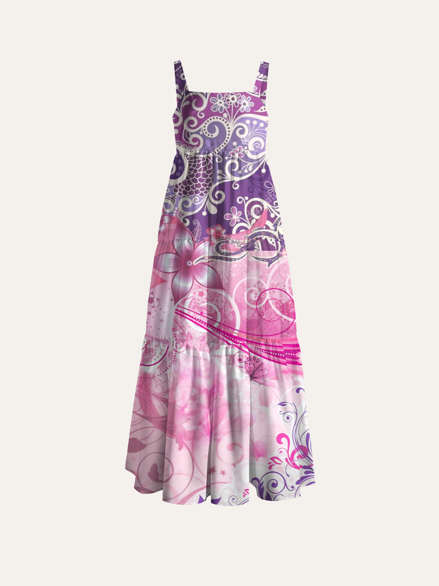 Baroque Swirl Pink Purple Floral Adjustable Wide Straps Maxi Dress