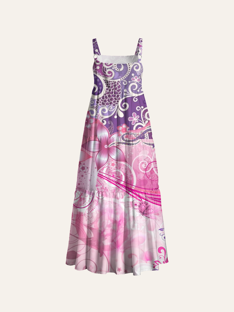Baroque Swirl Pink Purple Floral Adjustable Wide Straps Maxi Dress