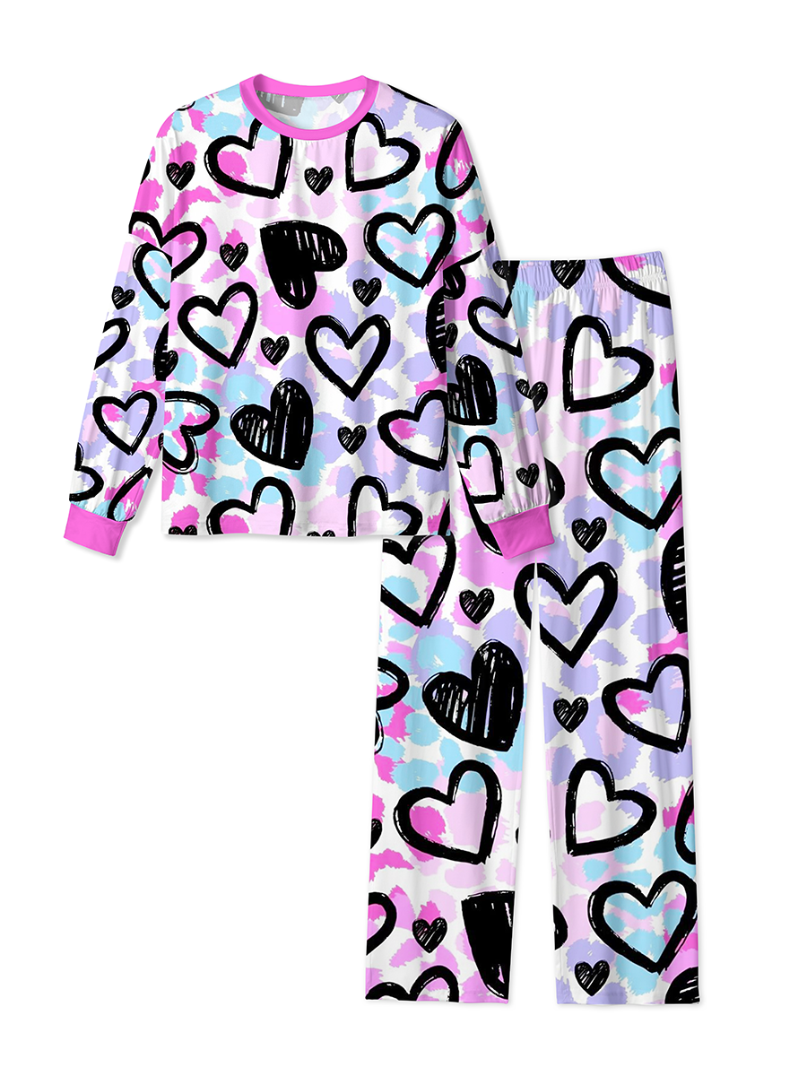 Vintage Gradient Leopard Print And Punk Hand-Drawn Black Hearts Pajamas