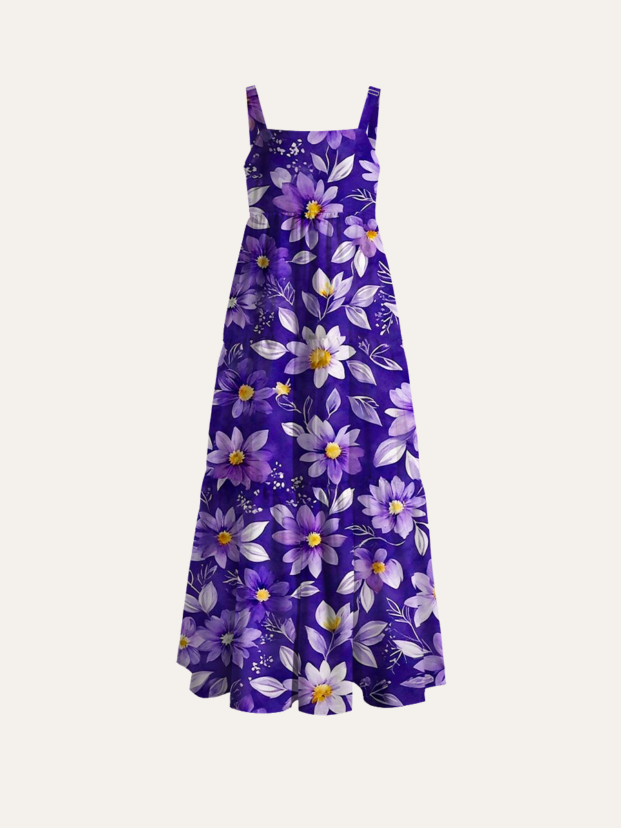 Dark Violet Watercolor Daisy Allover Adjustable Wide Straps Maxi Dress