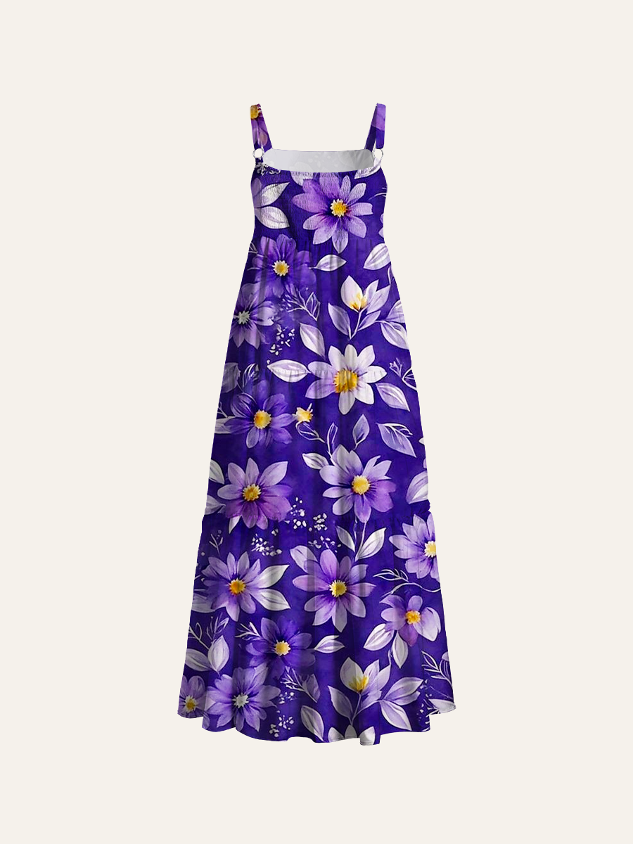 Dark Violet Watercolor Daisy Allover Adjustable Wide Straps Maxi Dress
