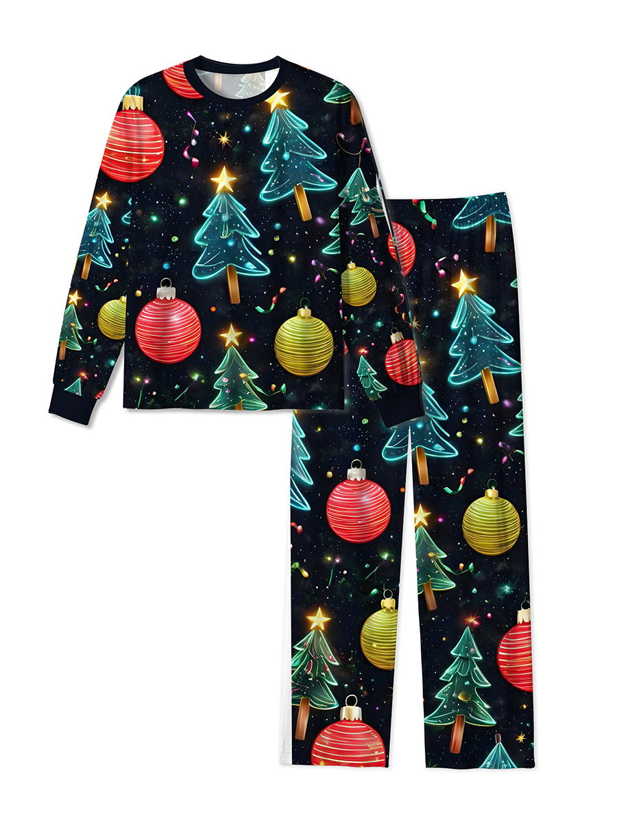 Vintage Starry Sky Neon Glass Texture Christmas Trees and Colorful Ball Ornaments Pajamas