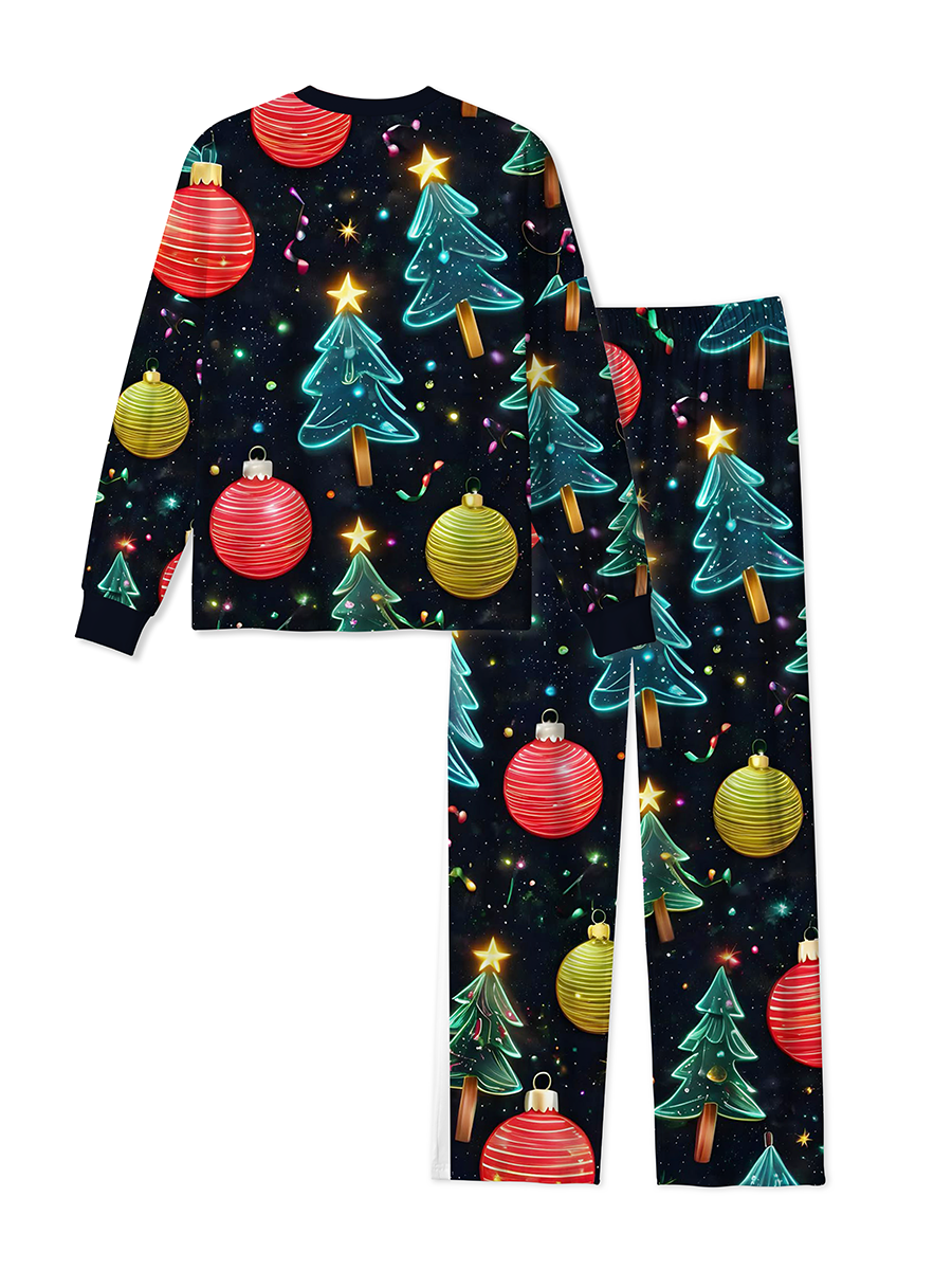 Vintage Starry Sky Neon Glass Texture Christmas Trees and Colorful Ball Ornaments Pajamas