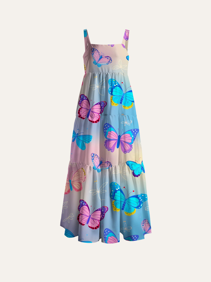 Cartoon Pastel Gradient Butterfly Ditsy Adjustable Wide Straps Maxi Dress