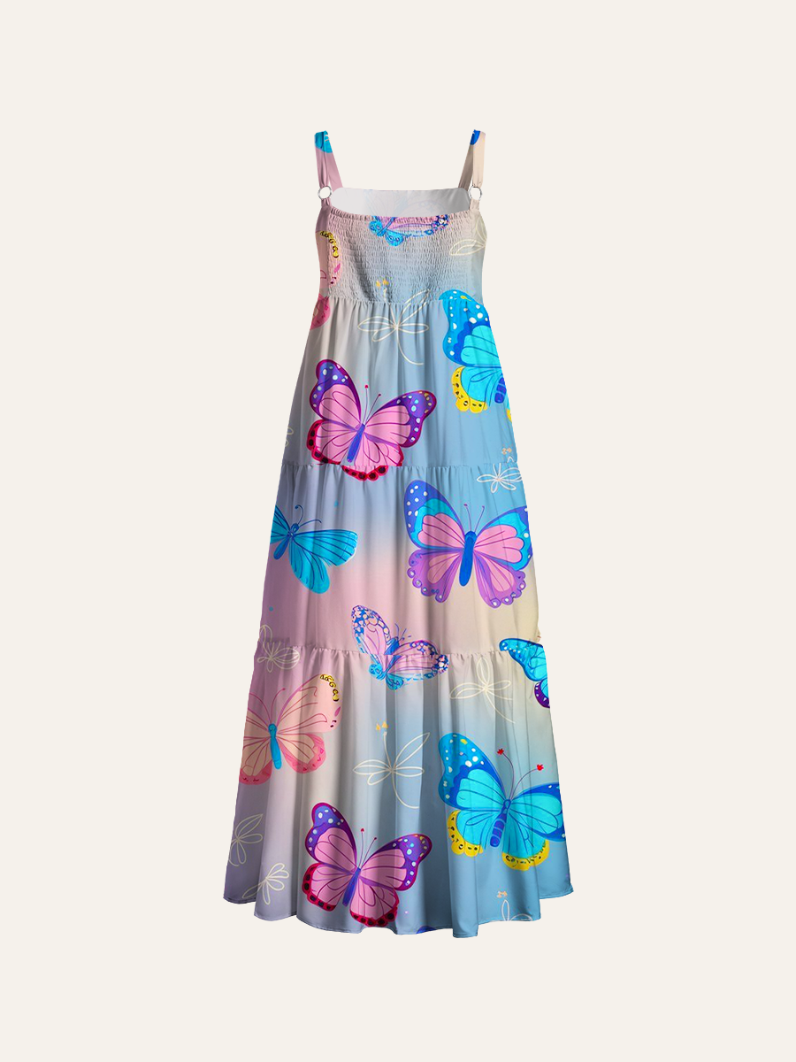 Cartoon Pastel Gradient Butterfly Ditsy Adjustable Wide Straps Maxi Dress