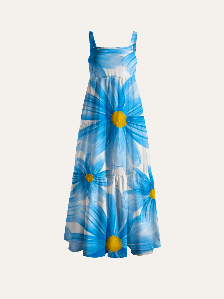 Crayon Sketch Blue Daisy Adjustable Wide Straps Maxi Dress