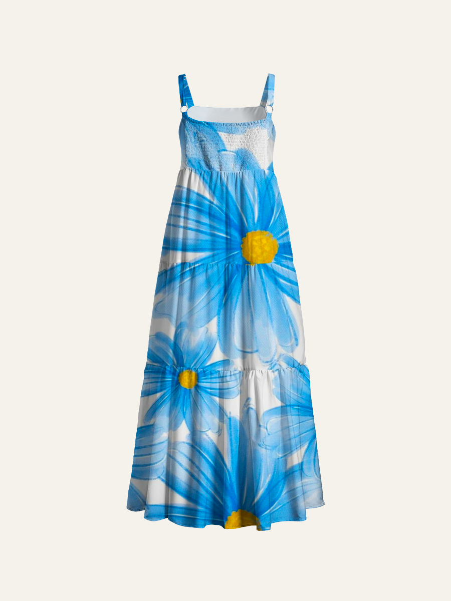 Crayon Sketch Blue Daisy Adjustable Wide Straps Maxi Dress