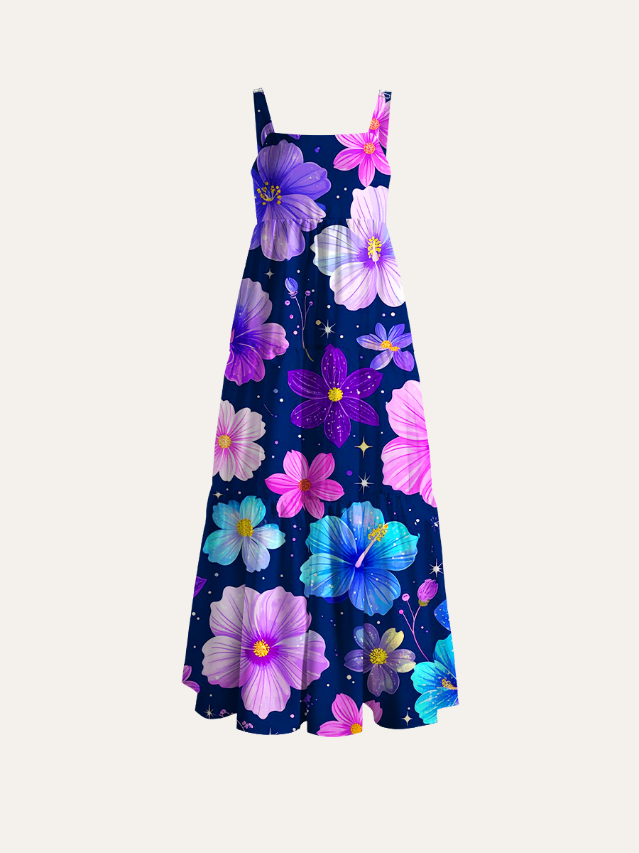 Starry Night Multicolor Hibiscus Adjustable Wide Straps Maxi Dress