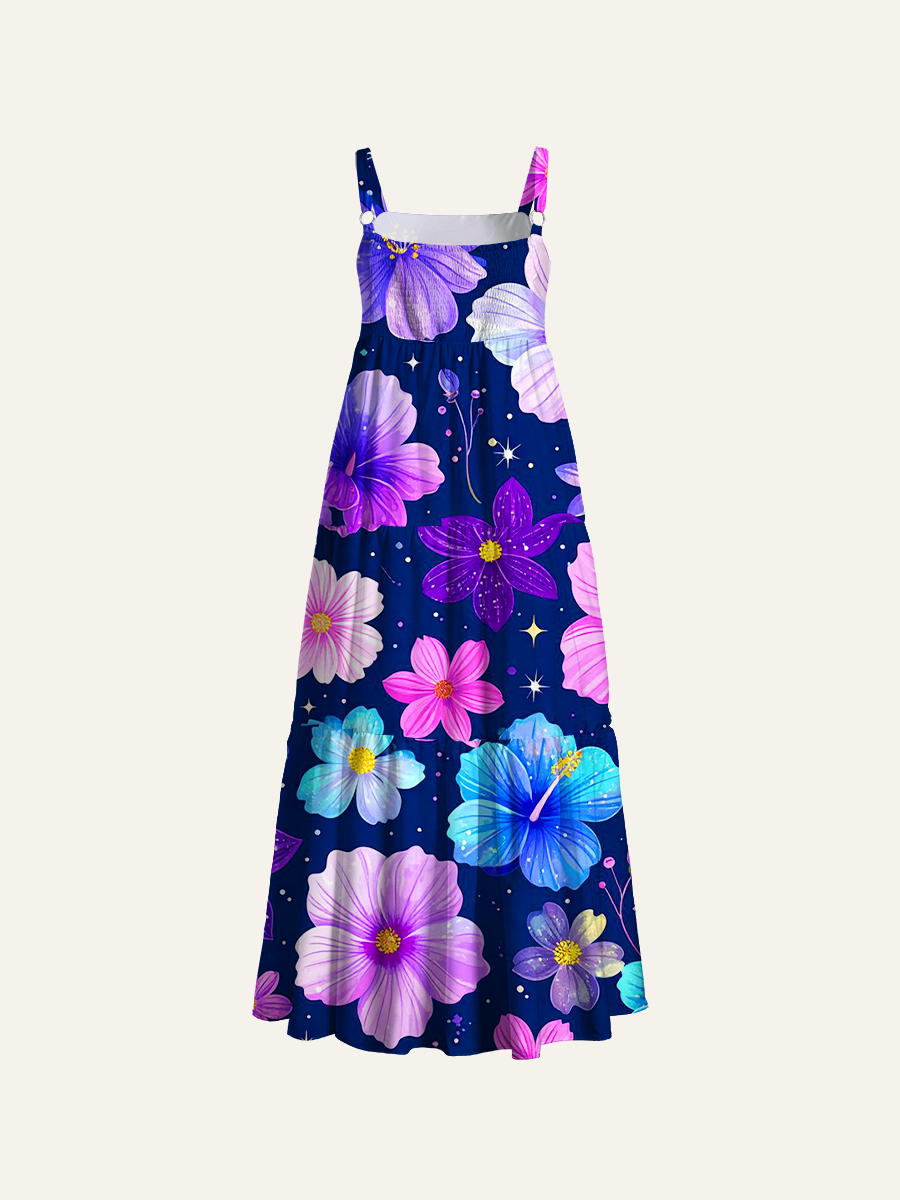 Starry Night Multicolor Hibiscus Adjustable Wide Straps Maxi Dress