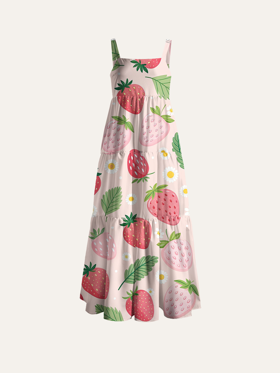 Cute Cartoon Strawberry & Daisy Ditsy Adjustable Wide Straps Maxi Dress