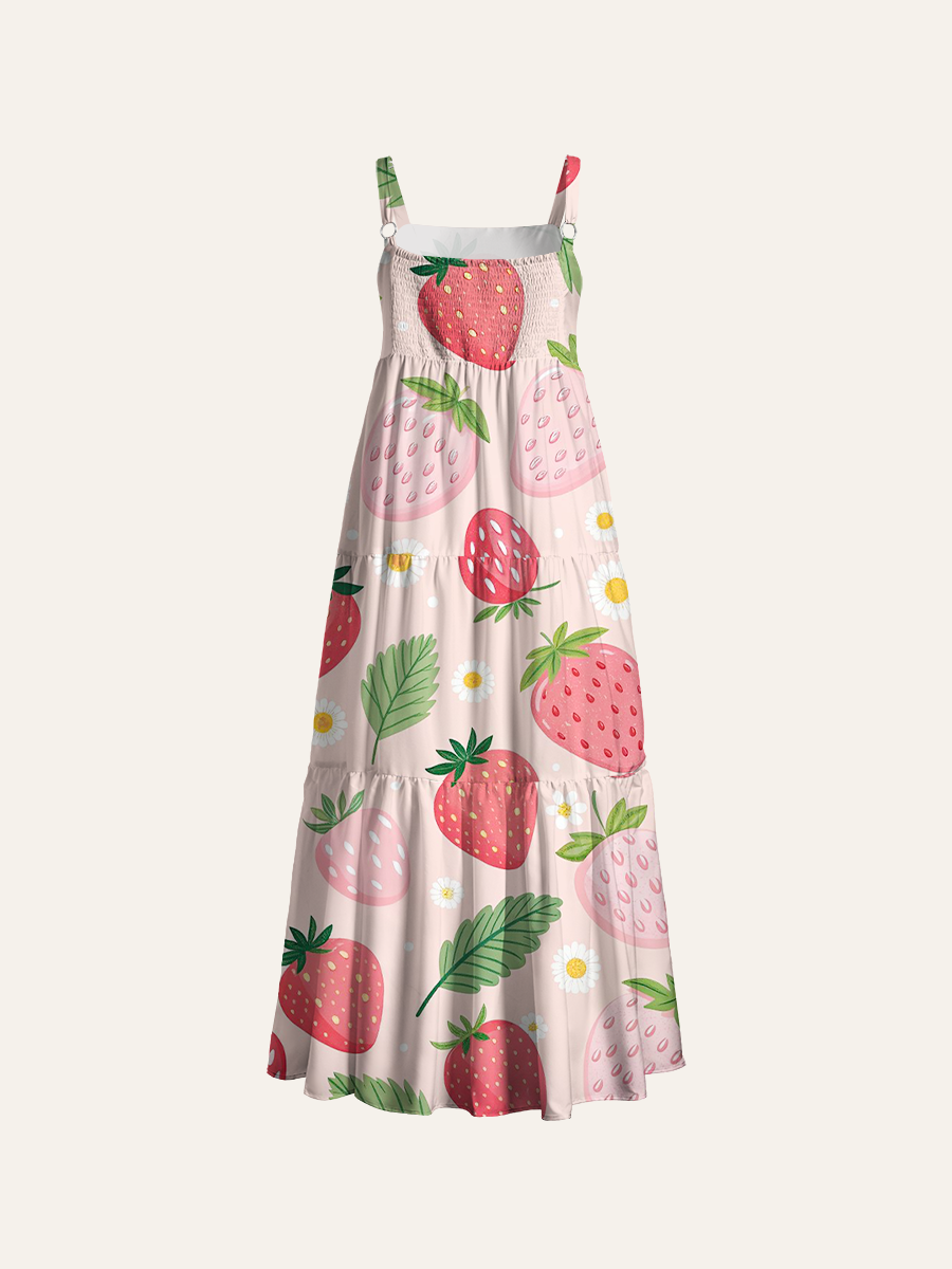 Cute Cartoon Strawberry & Daisy Ditsy Adjustable Wide Straps Maxi Dress