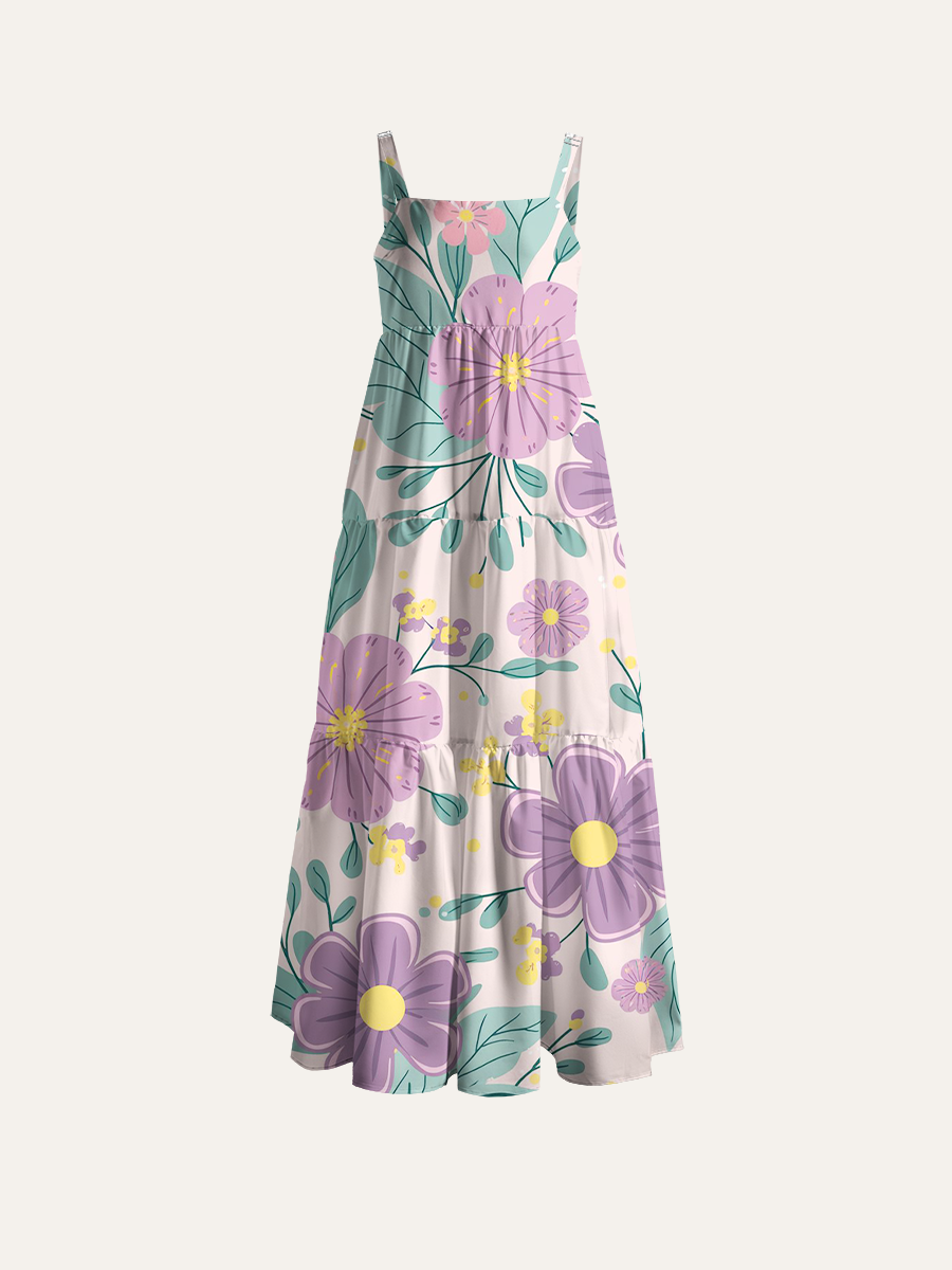 Pastel Purple Daisy Vine Casual Adjustable Wide Straps Maxi Dress