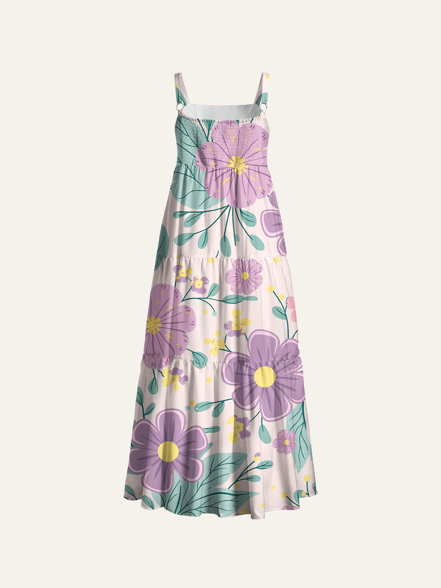 Pastel Purple Daisy Vine Casual Adjustable Wide Straps Maxi Dress