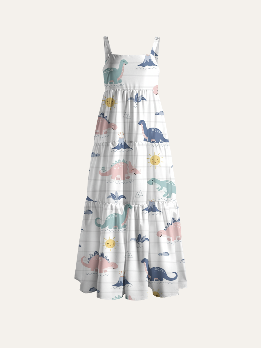 Boho Pastel Dinosaur Striped Kids Adjustable Wide Straps Maxi Dress