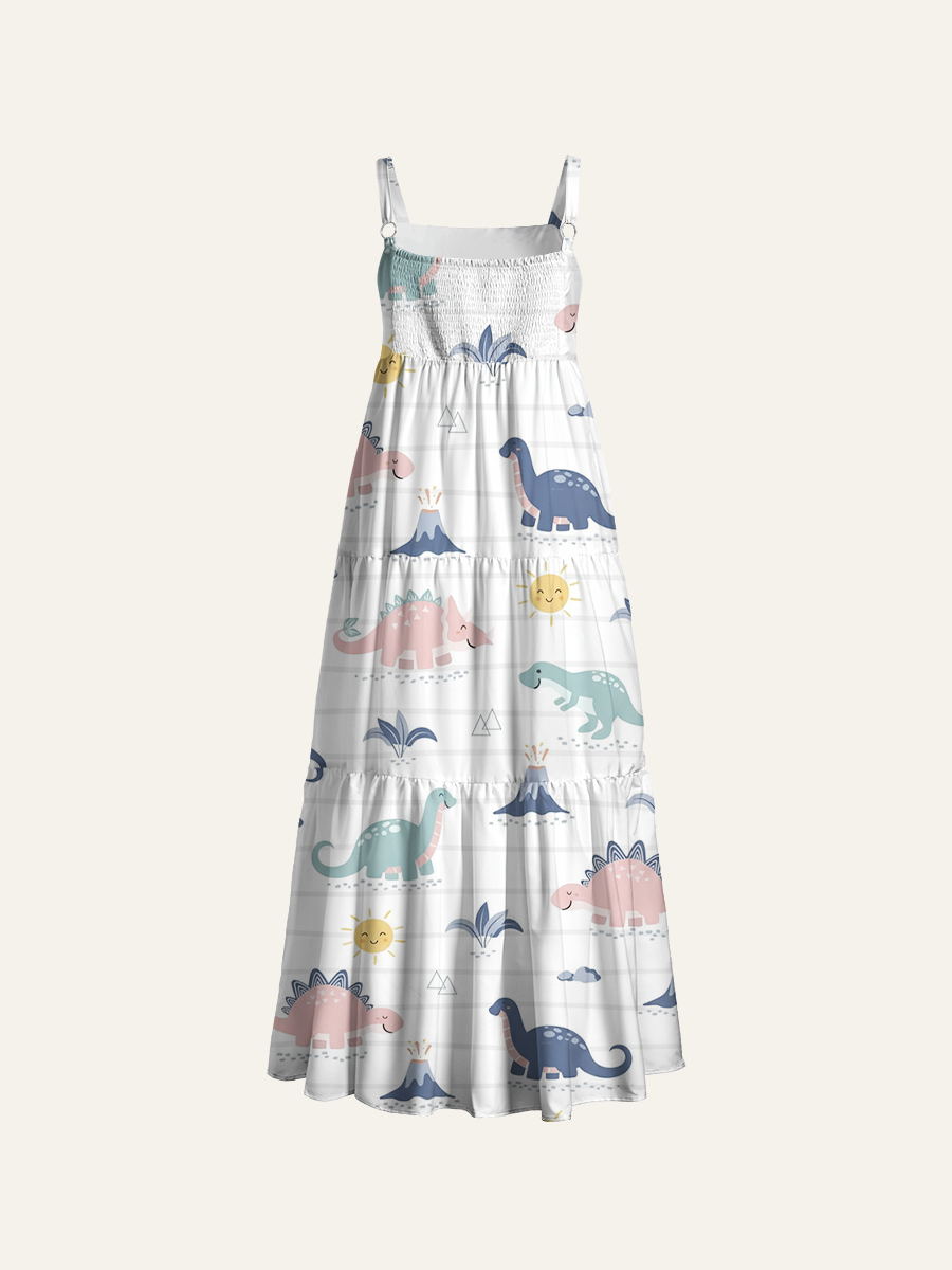Boho Pastel Dinosaur Striped Kids Adjustable Wide Straps Maxi Dress
