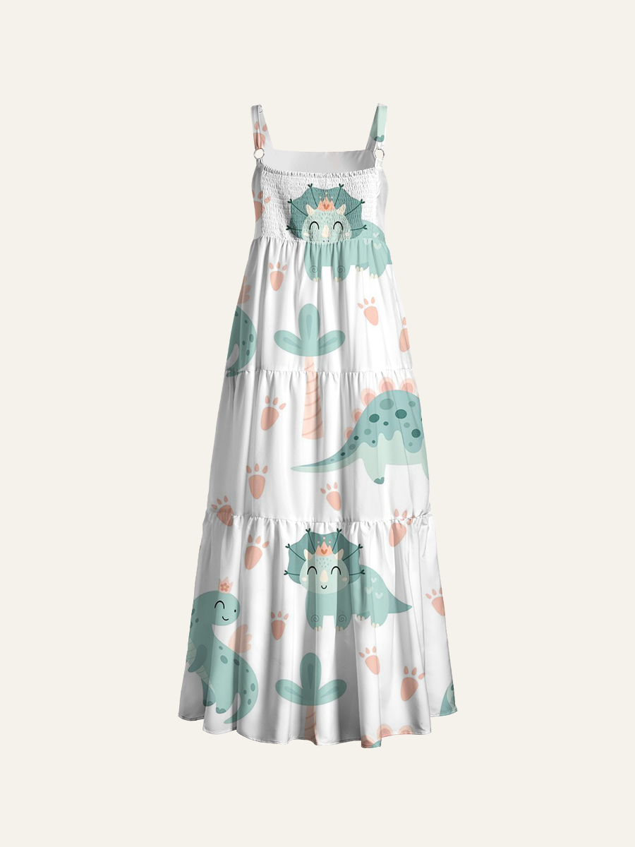 Crown Cute Dinosaur Paw Print Kids Adjustable Wide Straps Maxi Dress