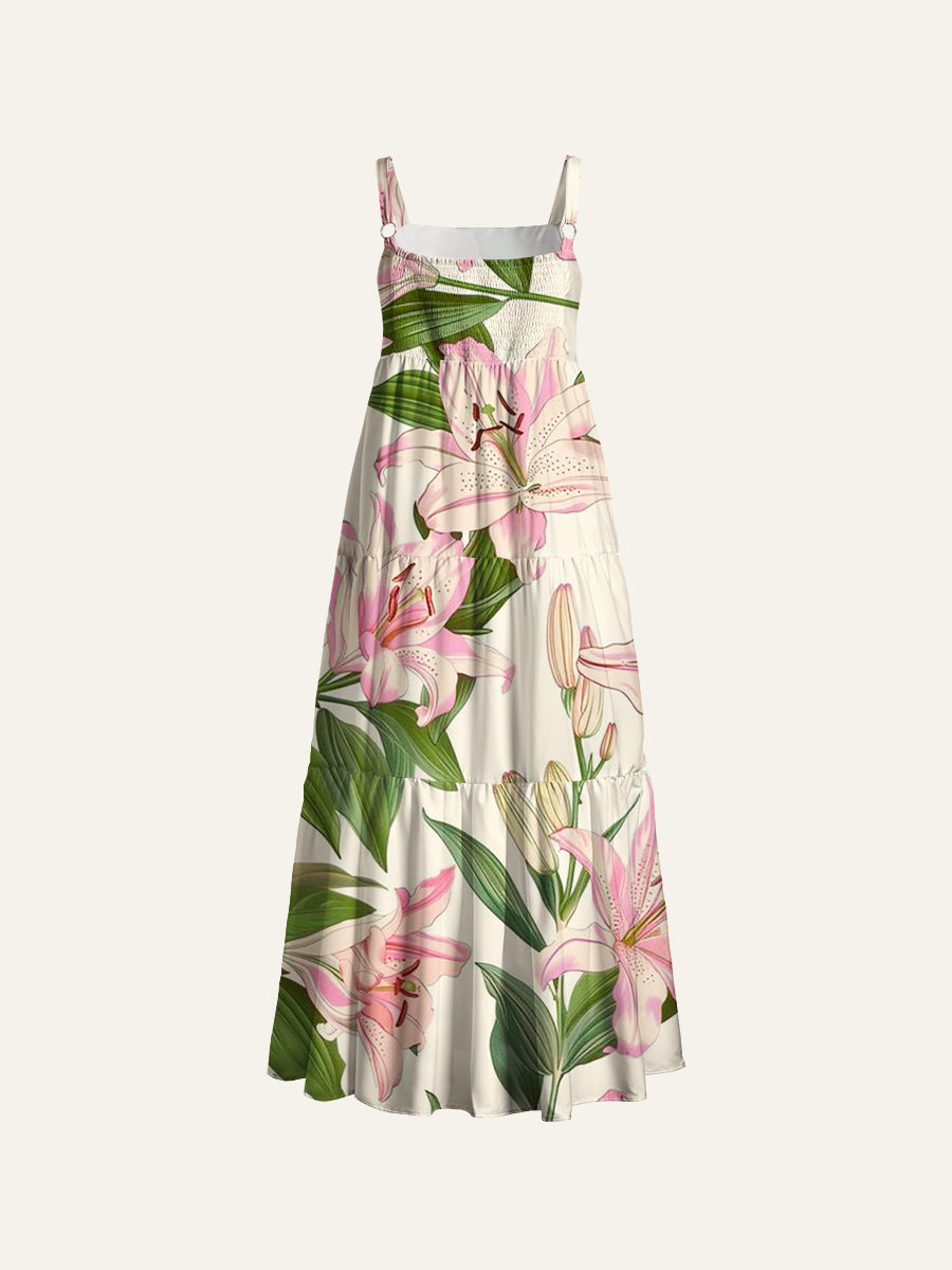 Vintage Botanical Pink Lily Allover Adjustable Wide Straps Maxi Dress
