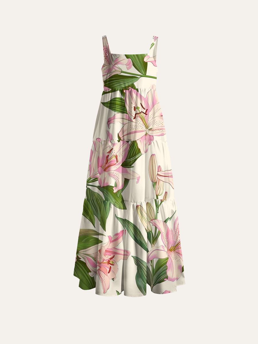Vintage Botanical Pink Lily Allover Adjustable Wide Straps Maxi Dress