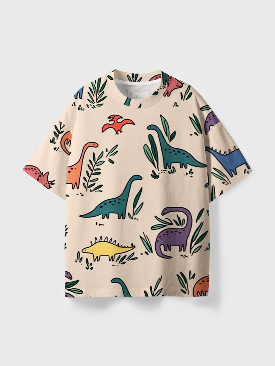 Vintage Cartoon Dino & Plants Print All Over Print T-Shirt