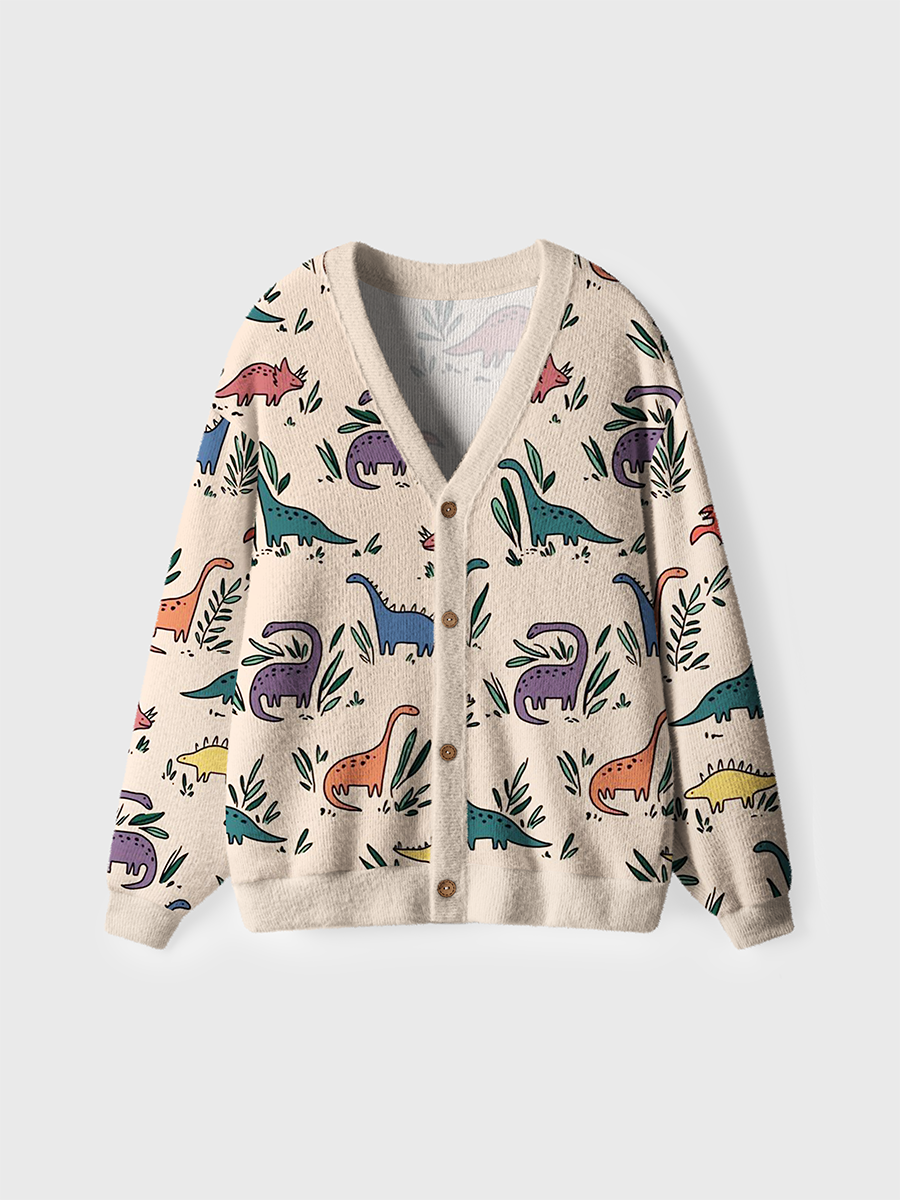 Vintage Cartoon Dino & Plants Cardigan Sweaters