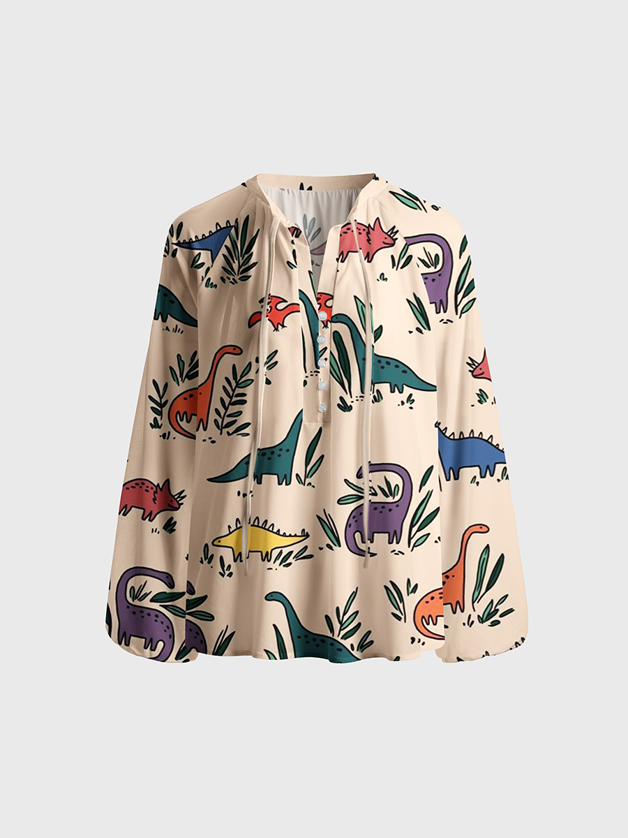 Cartoon Dino & Plants Neck Tie Blouse