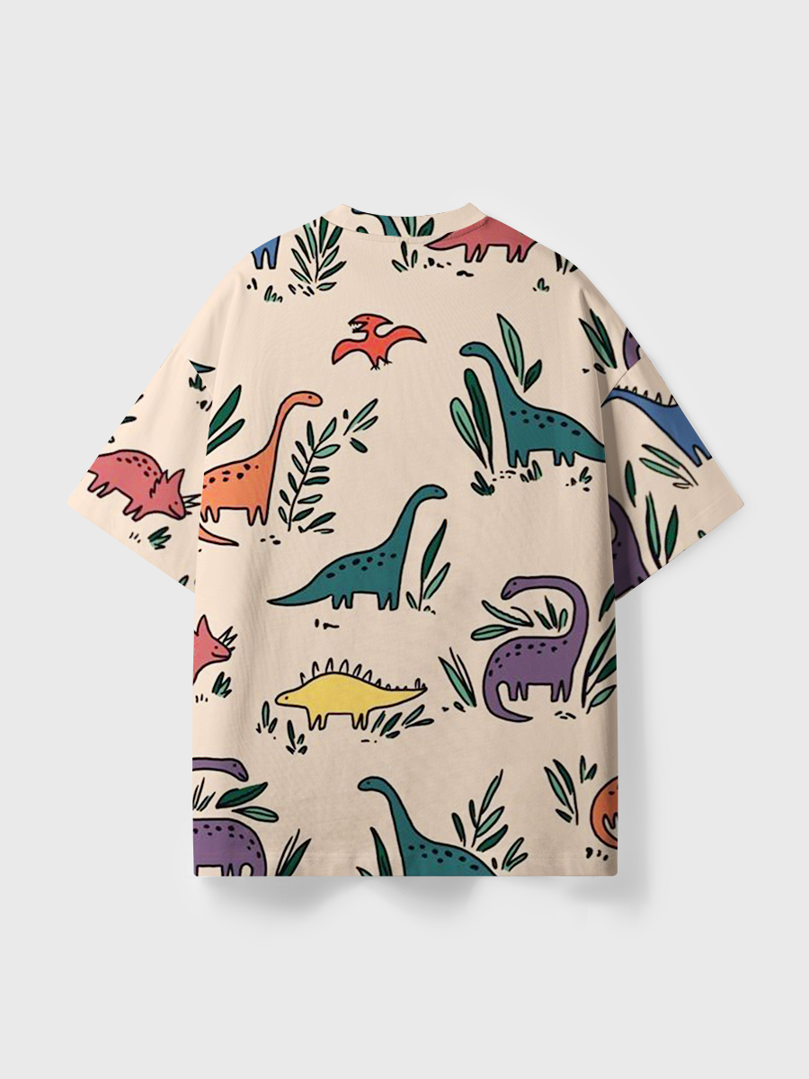 Vintage Cartoon Dino & Plants Print All Over Print T-Shirt