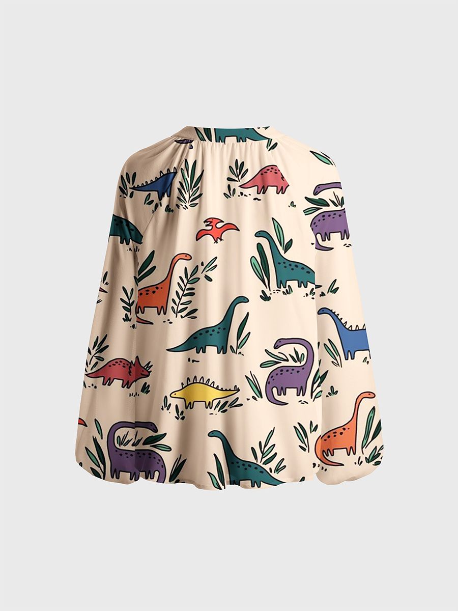 Cartoon Dino & Plants Neck Tie Blouse
