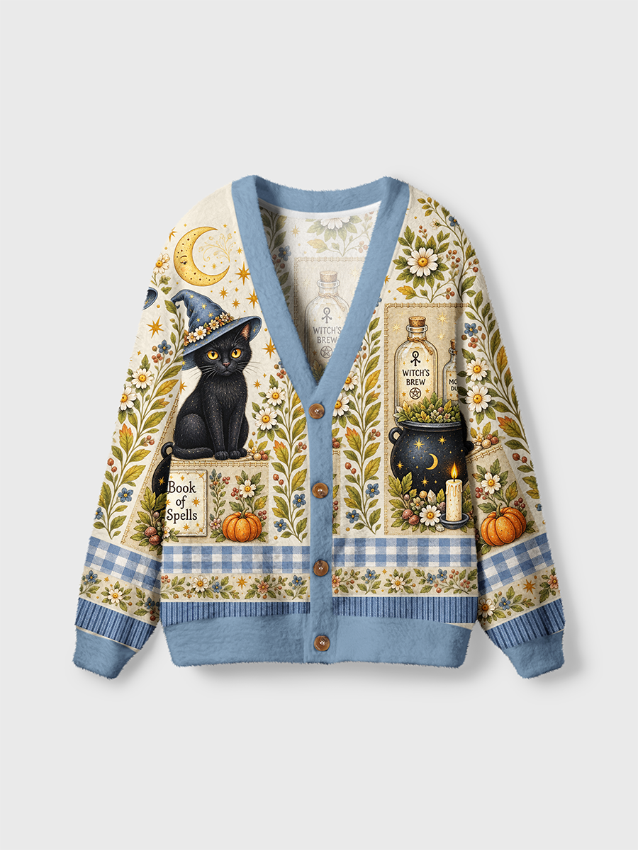 Vintage Paper Witch Black Cat Magic Cardigan Sweaters