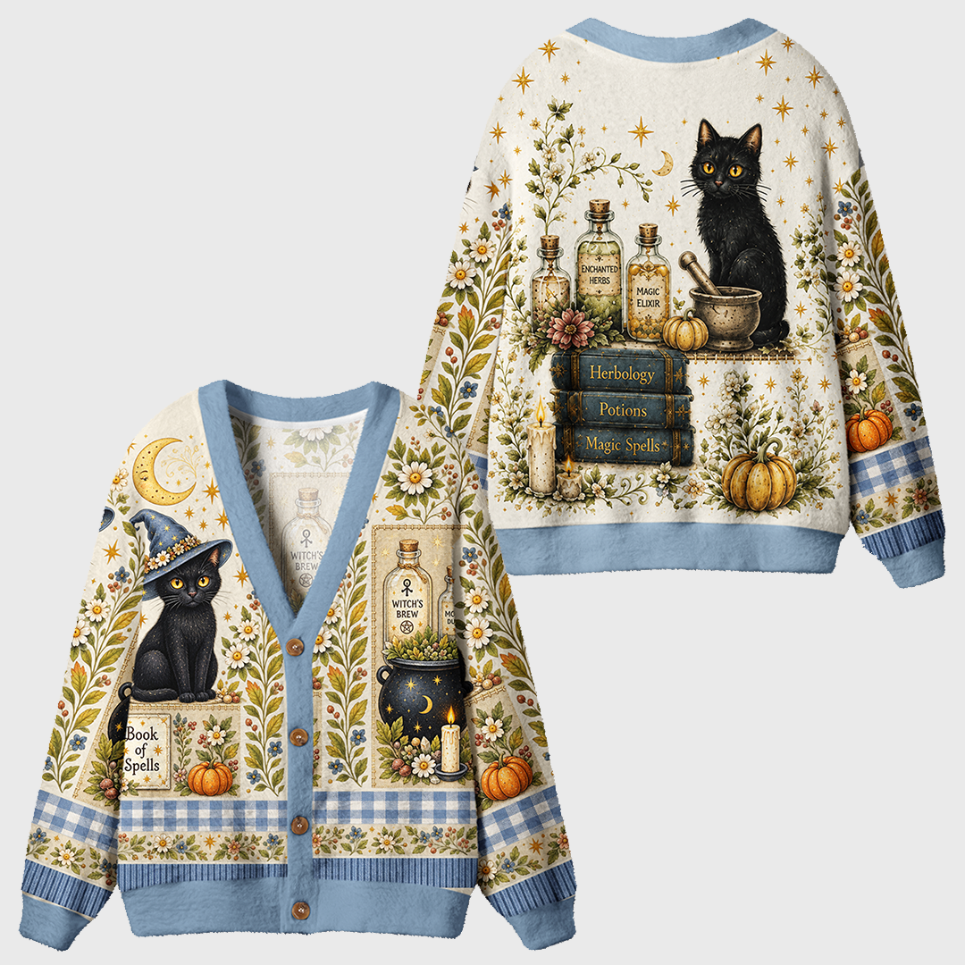 Vintage Paper Witch Black Cat Magic Cardigan Sweaters