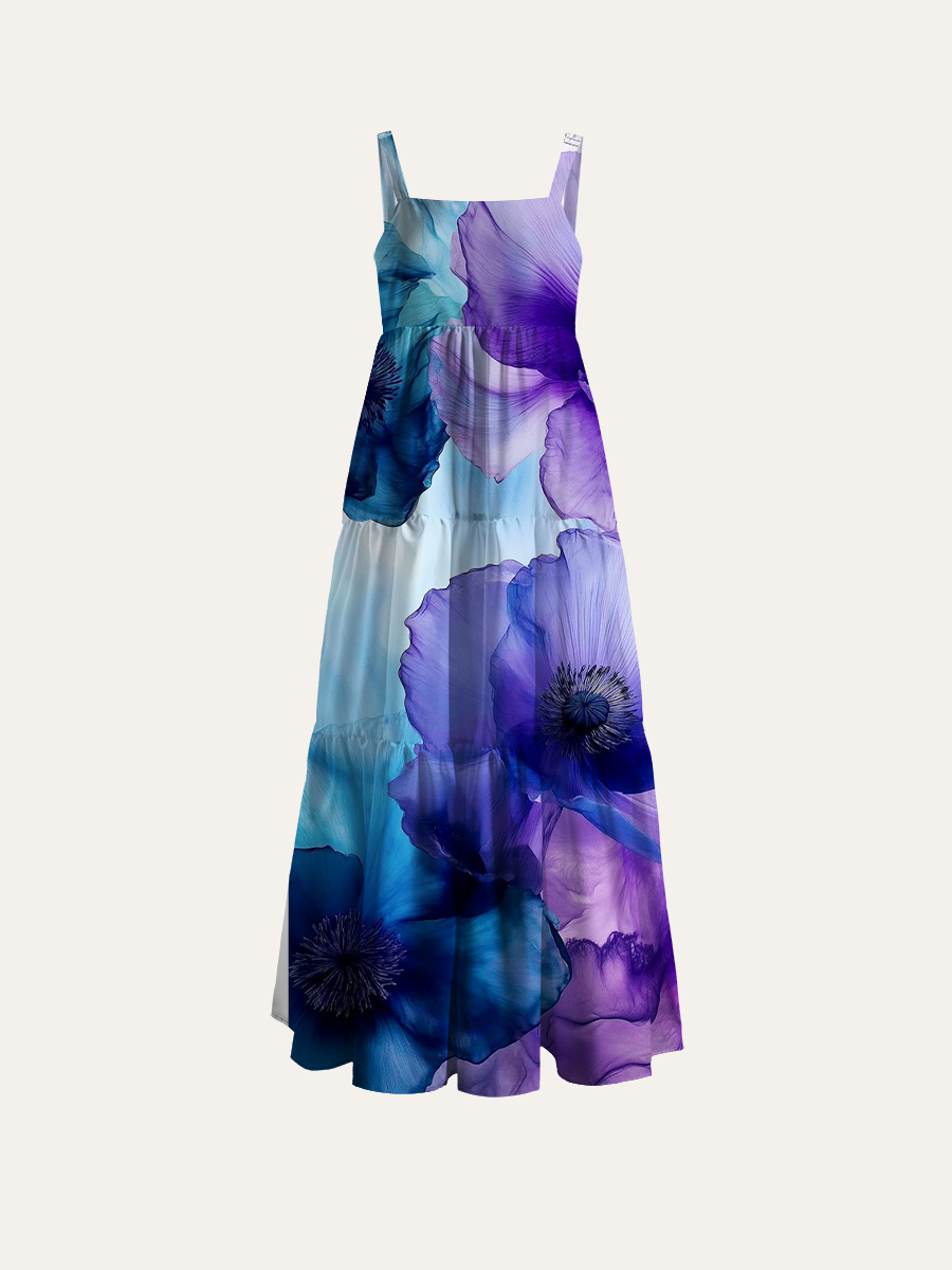 Translucent Blue Purple Poppy Alcohol Ink Floral Allover Adjustable Wide Straps Maxi Dress