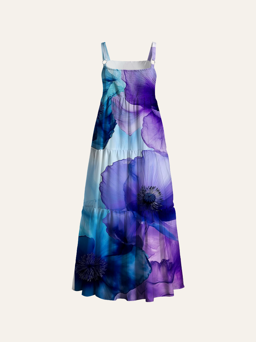 Translucent Blue Purple Poppy Alcohol Ink Floral Allover Adjustable Wide Straps Maxi Dress