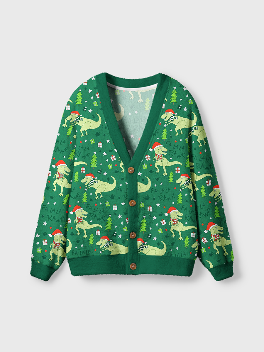 Vintage Christmas Dinosaurs and Trees Green Cardigan Sweaters