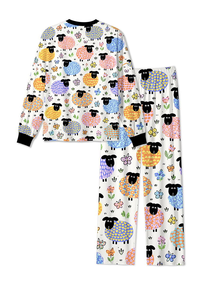 Vintage Childlike Hand-Drawn Style Fluffy Sheep Pajamas