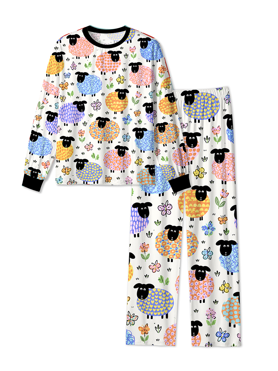 Vintage Childlike Hand-Drawn Style Fluffy Sheep Pajamas
