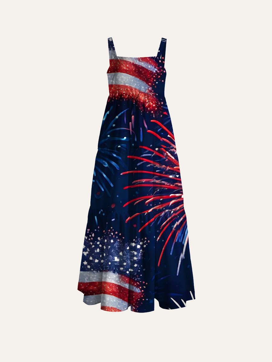 USA Independence Day Glitter Flag Firework Adjustable Wide Straps Maxi Dress