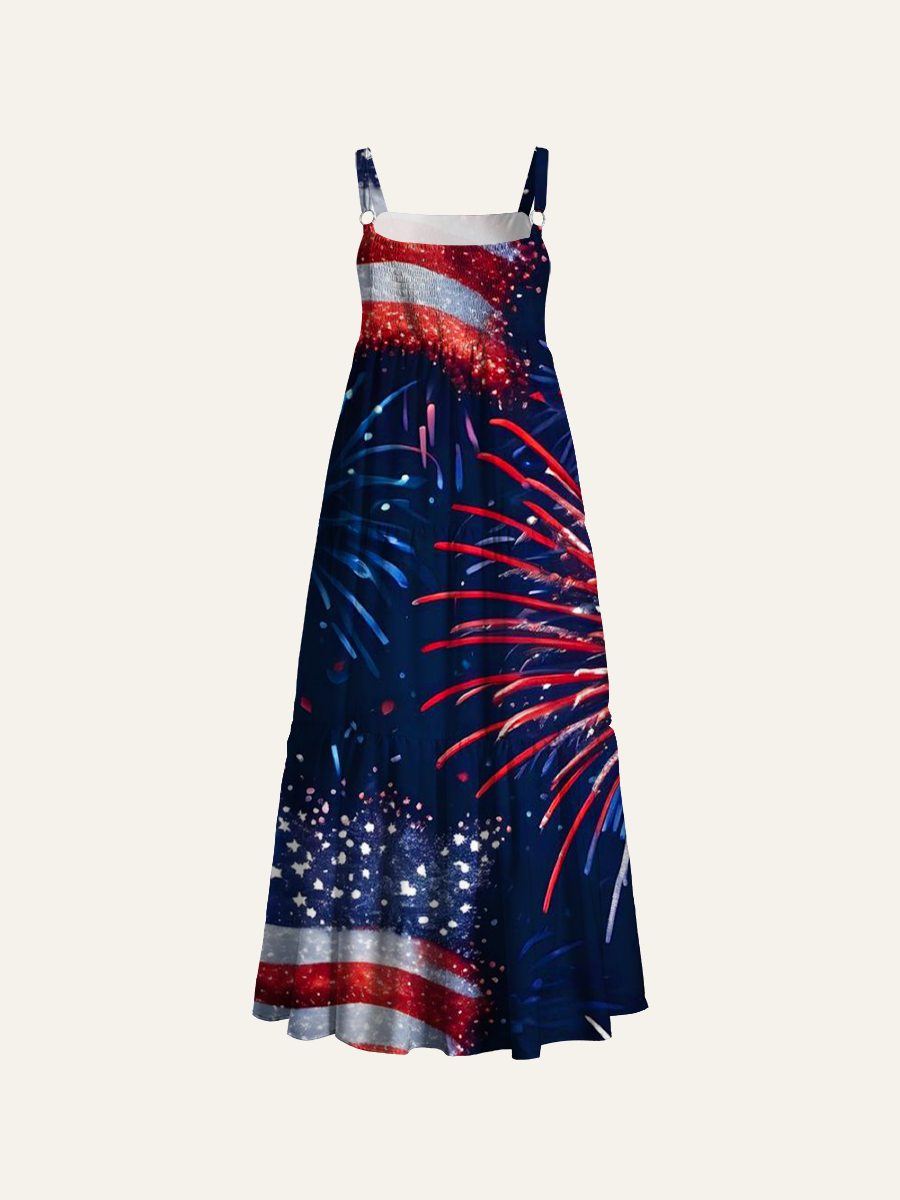 USA Independence Day Glitter Flag Firework Adjustable Wide Straps Maxi Dress