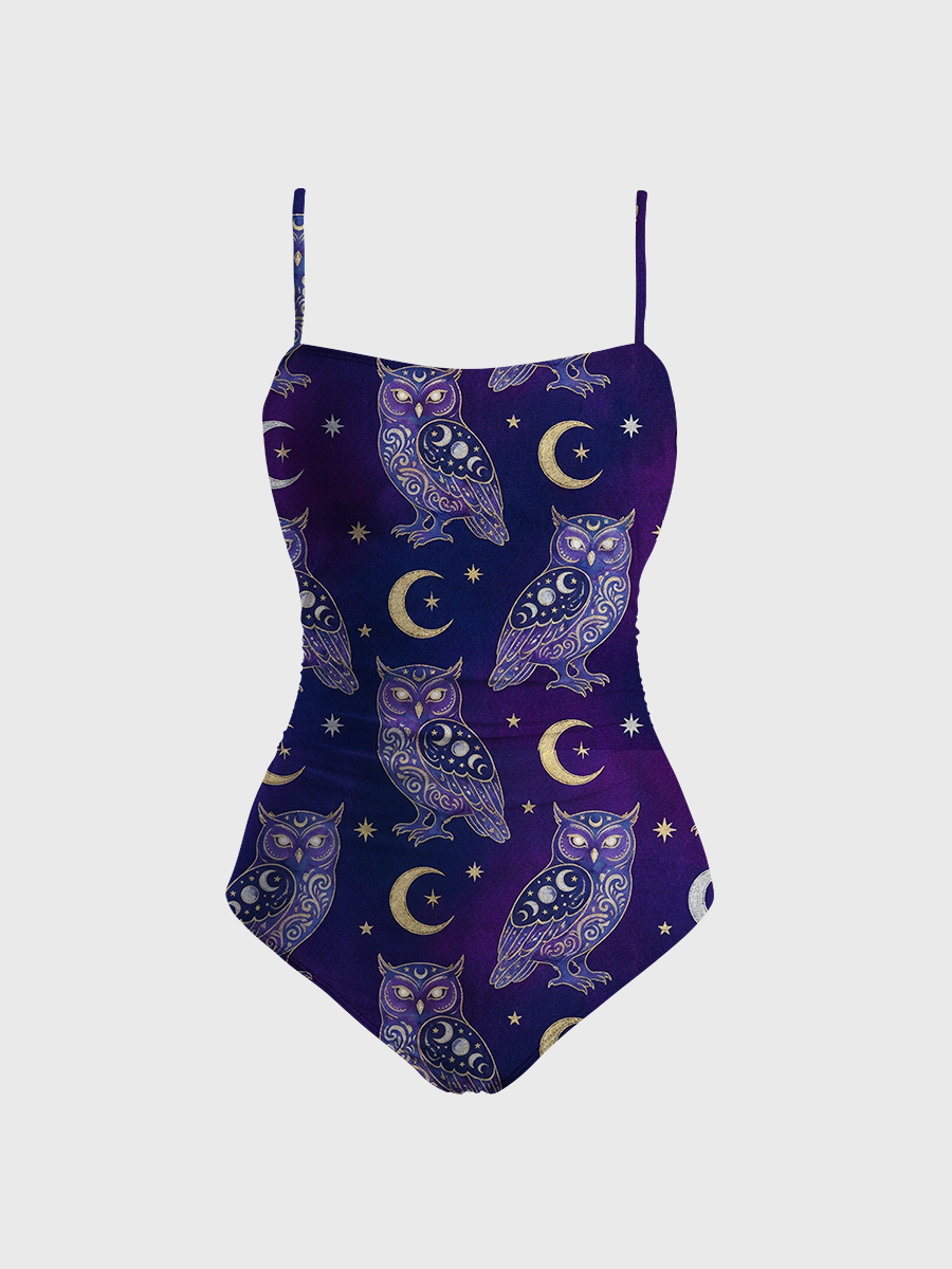 Vintage Mystical Owl With Moon Symbols One Piece Slim-Strap Swimsuit