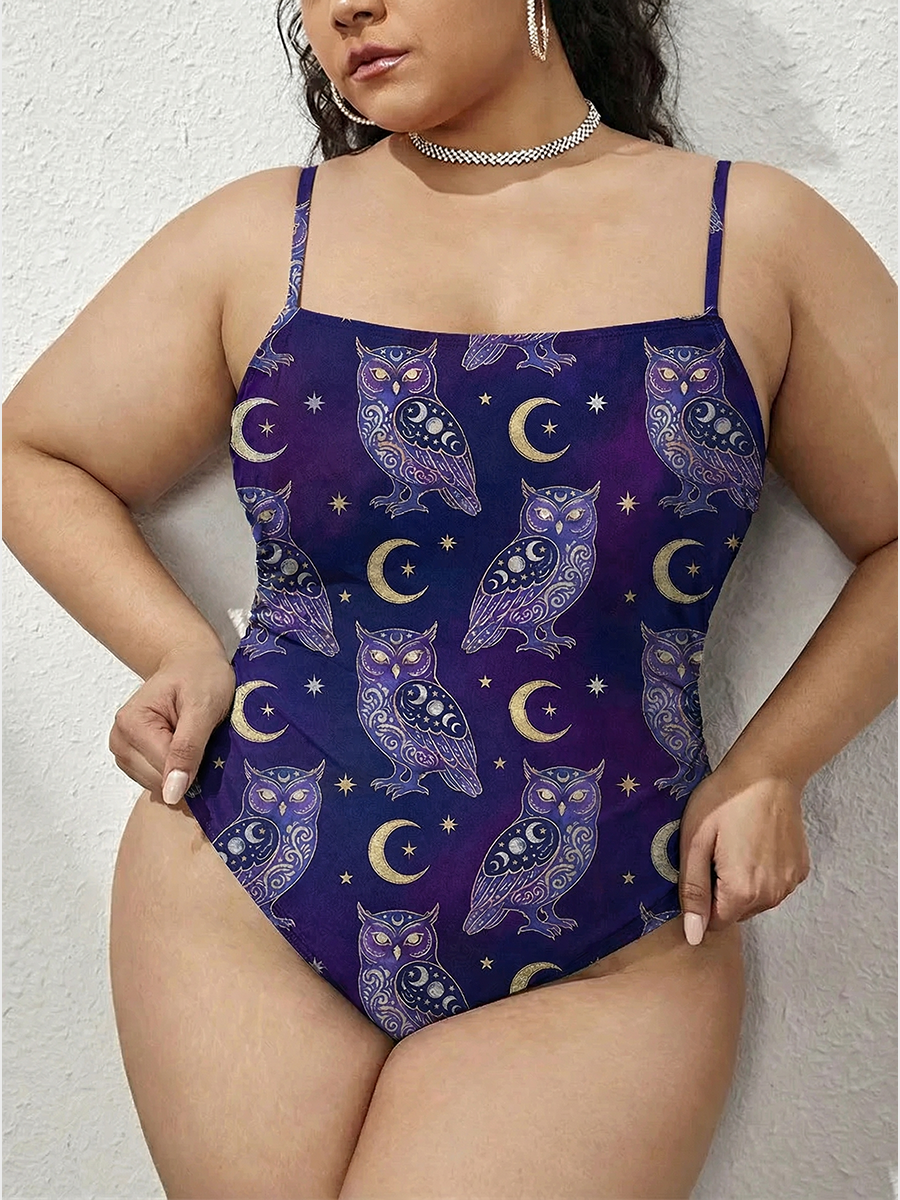 Vintage Mystical Owl With Moon Symbols One Piece Slim-Strap Swimsuit