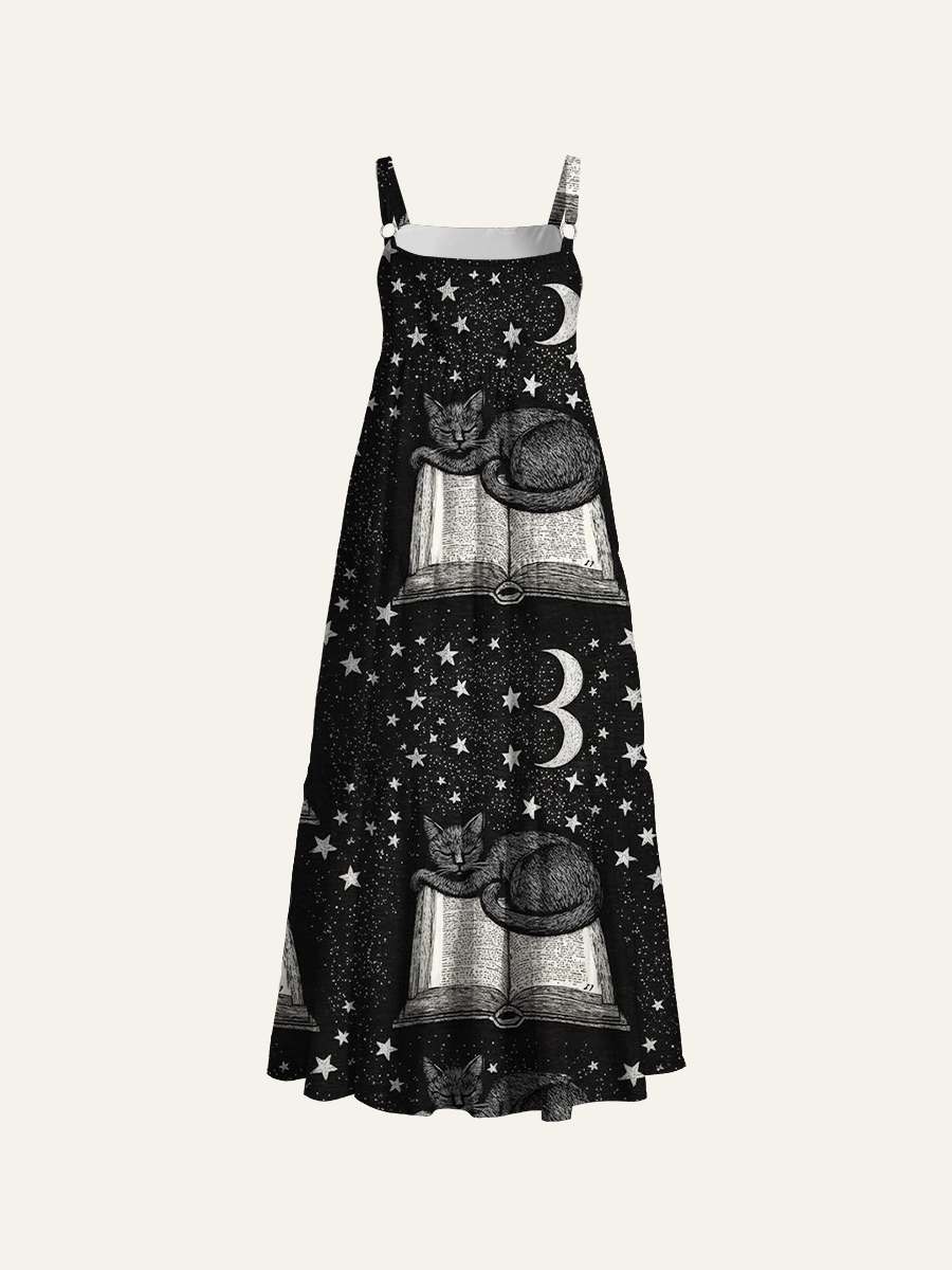 Celestial Book Cats Adjustable Wide Straps Maxi Dress