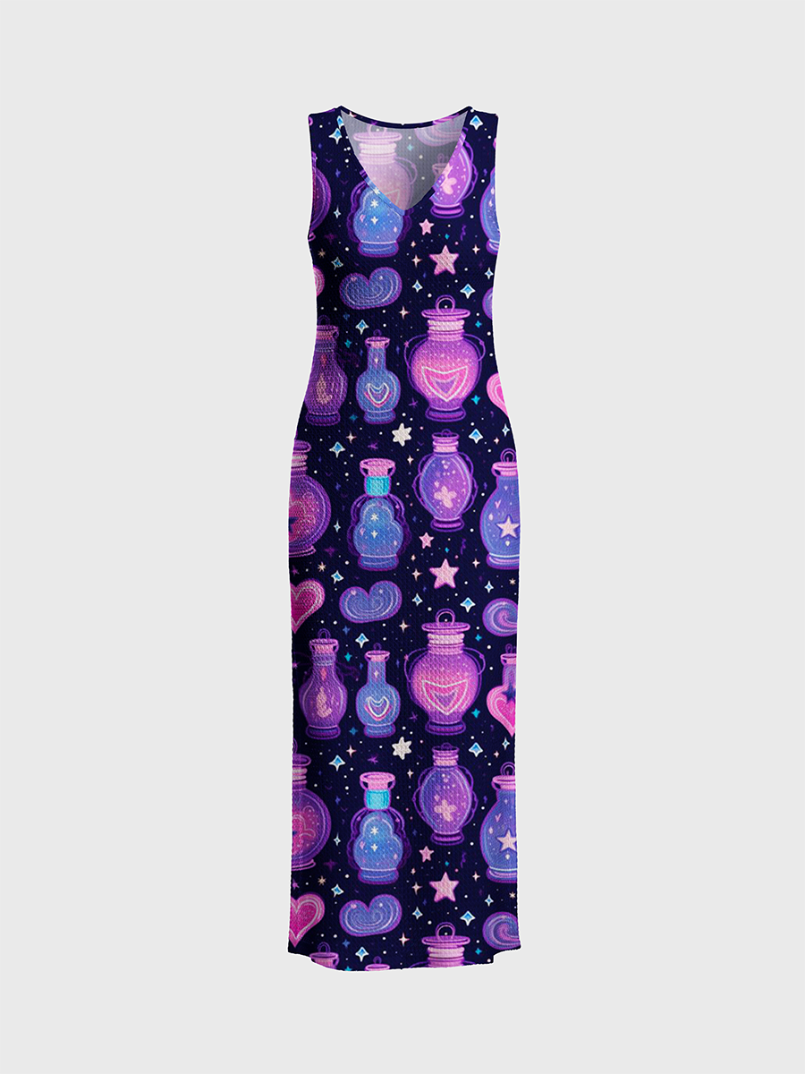 Purple Magic Potion Bottle Starry Open Stitch Midi Dress