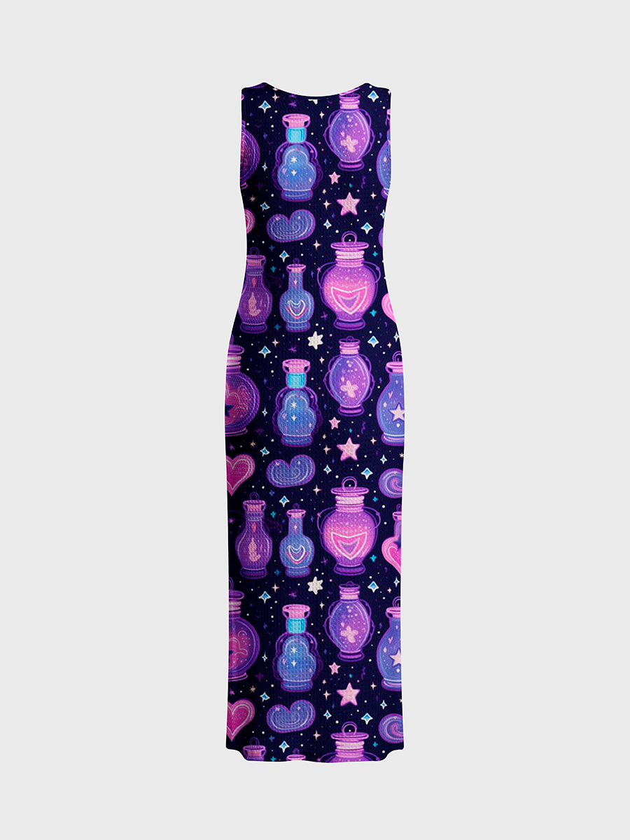 Purple Magic Potion Bottle Starry Open Stitch Midi Dress