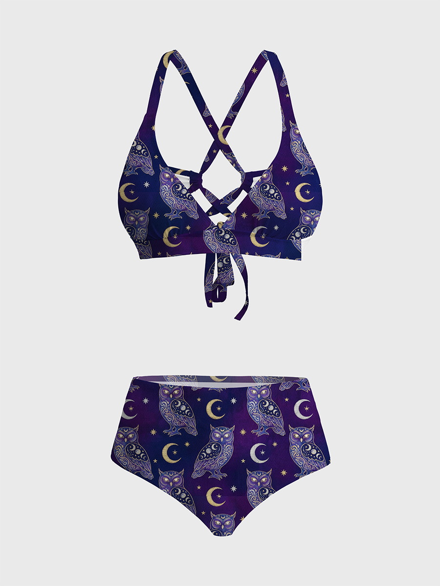 Vintage Mystical Owl With Moon Symbols Strappy Two-Piece Swimsuit