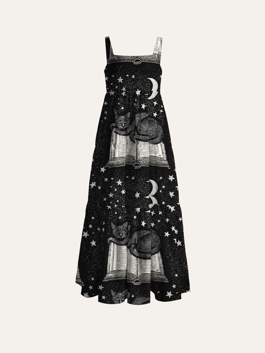 Celestial Book Cats Adjustable Wide Straps Maxi Dress