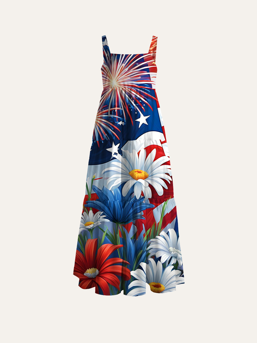 USA Independence Day Flag Daisy Firework Floral Adjustable Wide Straps Maxi Dress
