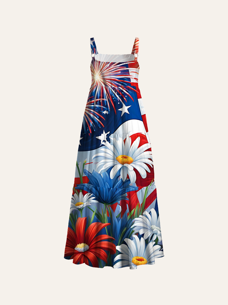 USA Independence Day Flag Daisy Firework Floral Adjustable Wide Straps Maxi Dress