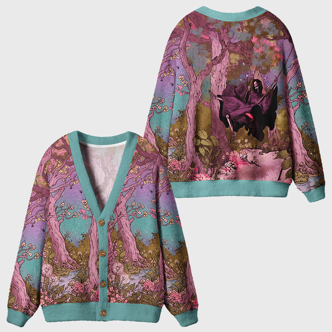 Vintage Grim Reaper Swinging In Whimsical Forest Cardigan Sweaters