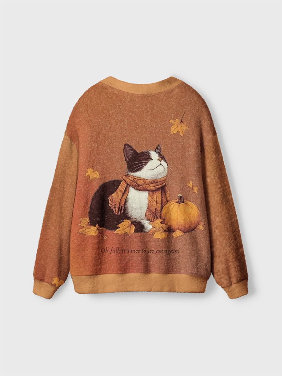Vintage Textured Fall Black‑and‑White Cat Cardigan Sweaters