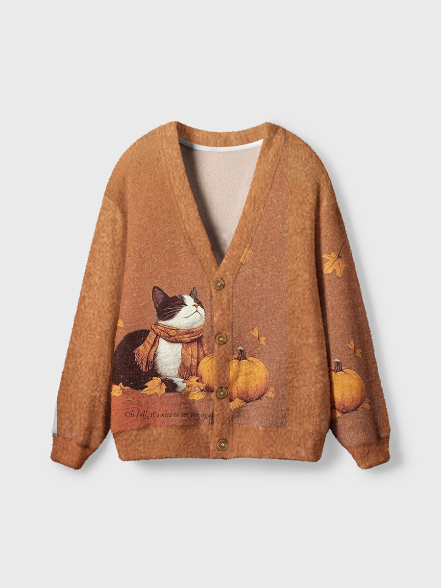 Vintage Textured Fall Black‑and‑White Cat Cardigan Sweaters