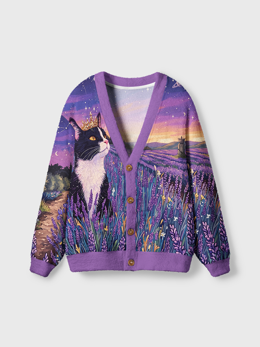 Vintage Dreamy Starry Lavender Field Crown Tuxedo Cat Cardigan Sweaters